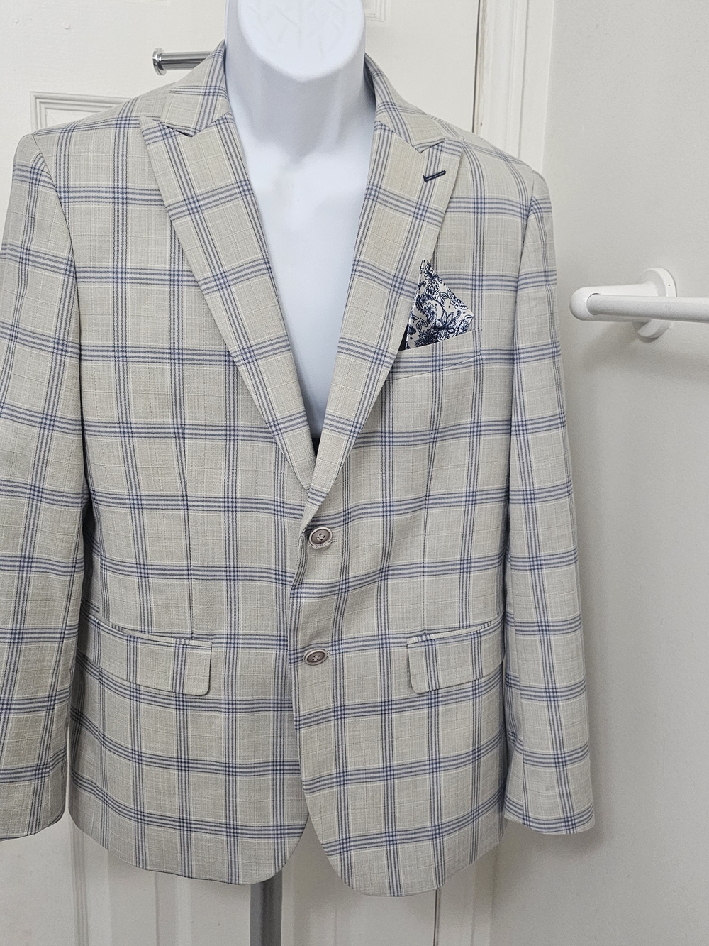 Classic Beige Plaid Men's Blazer - Light Beige with Blue Windowpane Size 40R